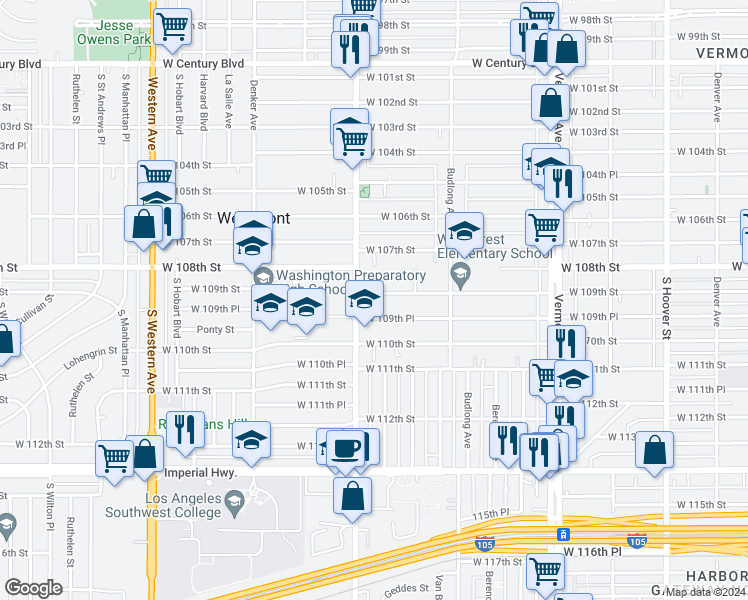 map of restaurants, bars, coffee shops, grocery stores, and more near 1340 West 109th Street in Los Angeles