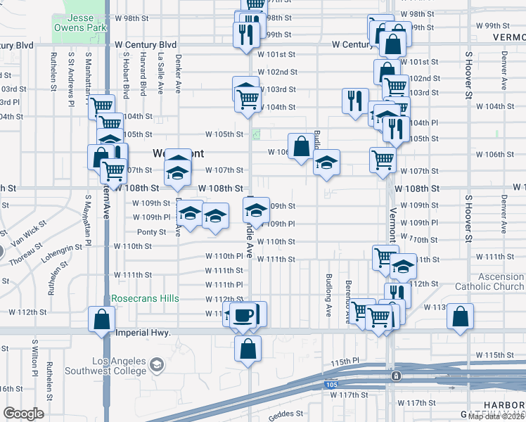 map of restaurants, bars, coffee shops, grocery stores, and more near 1340 West 109th Street in Los Angeles