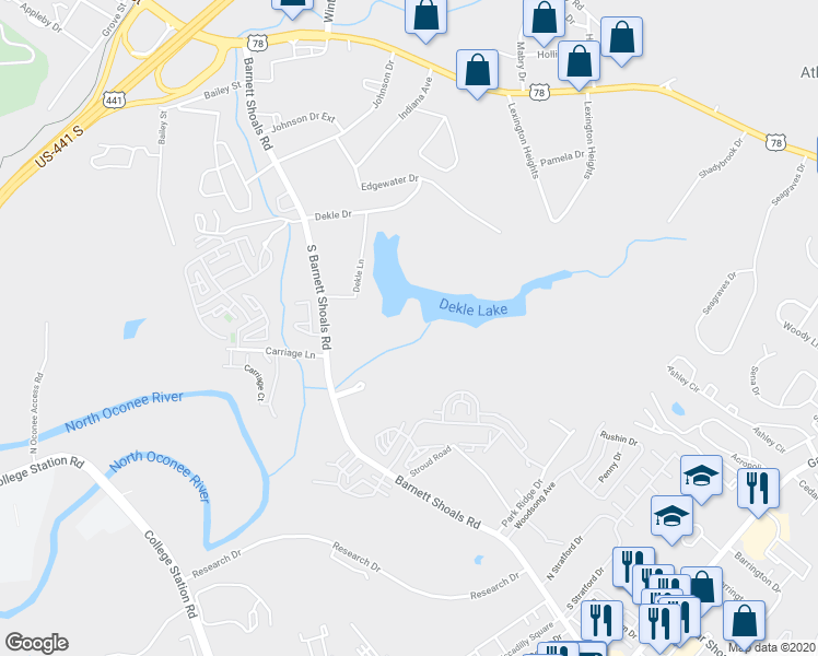 map of restaurants, bars, coffee shops, grocery stores, and more near 210 Lakewood Drive in Athens