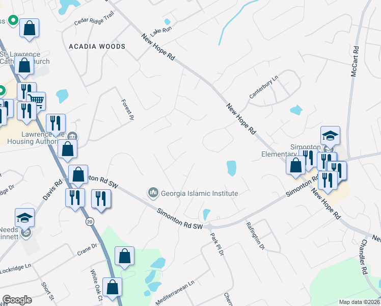 map of restaurants, bars, coffee shops, grocery stores, and more near 10 Jessamine Trail in Lawrenceville