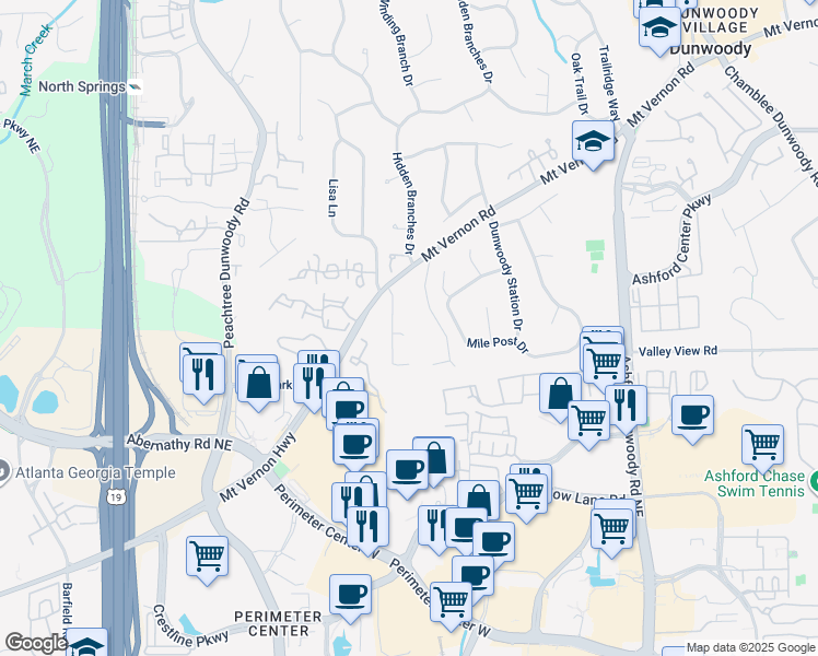 map of restaurants, bars, coffee shops, grocery stores, and more near 1018 Layfield Court in Dunwoody