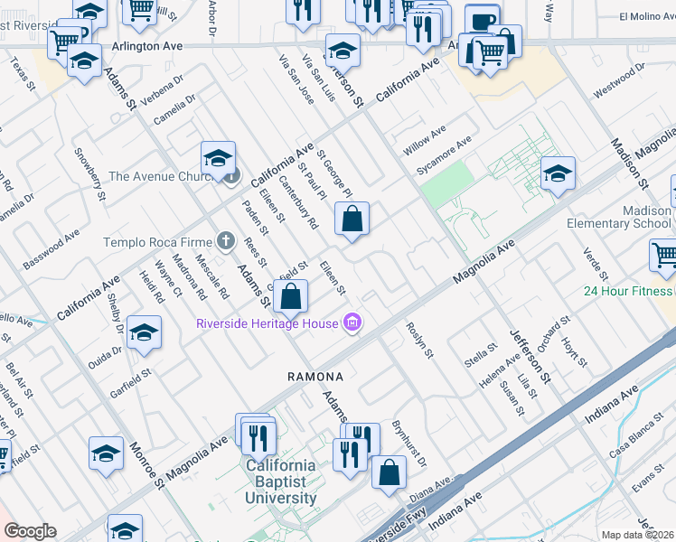 map of restaurants, bars, coffee shops, grocery stores, and more near 3962 Canterbury Road in Riverside