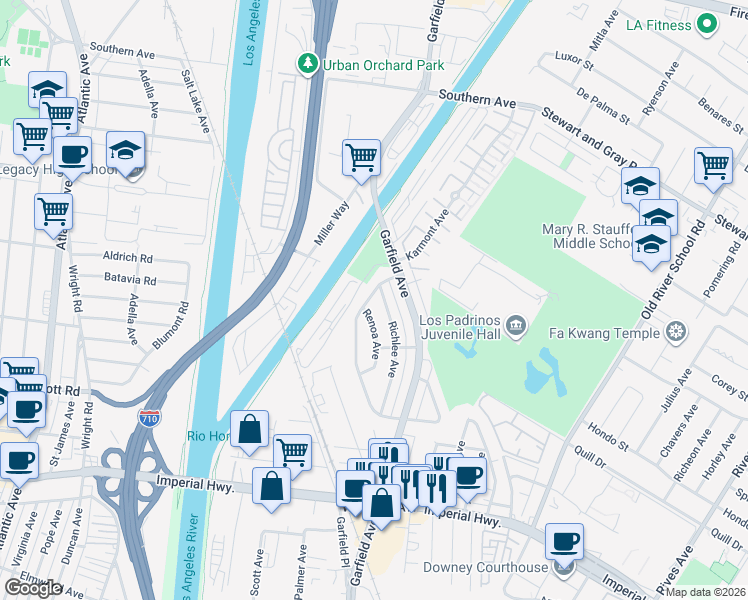 map of restaurants, bars, coffee shops, grocery stores, and more near 10237 Karmont Avenue in South Gate