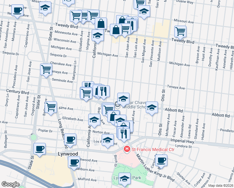 map of restaurants, bars, coffee shops, grocery stores, and more near 10514 San Gabriel Avenue in South Gate