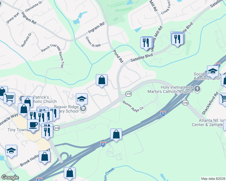 map of restaurants, bars, coffee shops, grocery stores, and more near 4746 Greenway Road Northwest in Norcross