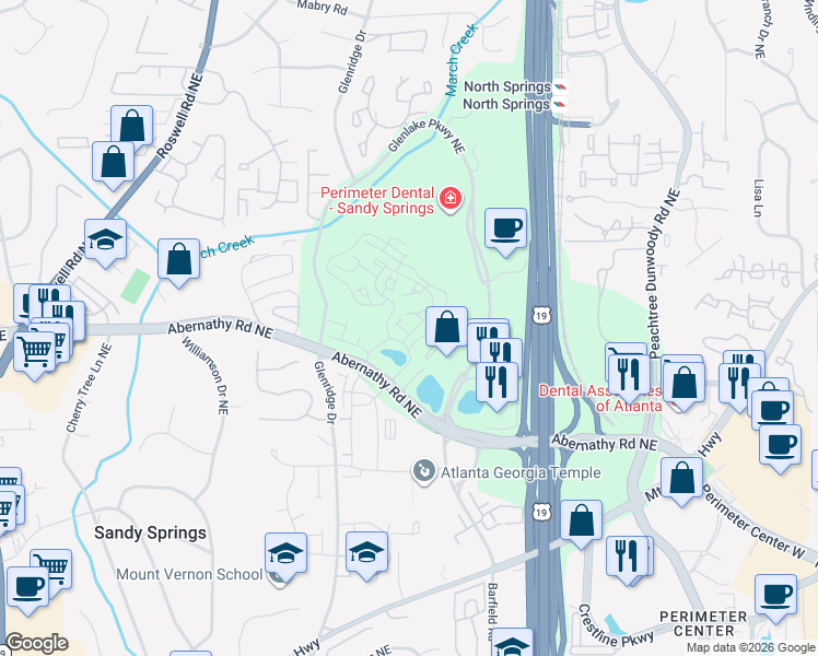 map of restaurants, bars, coffee shops, grocery stores, and more near 6652 Cadence Boulevard in Sandy Springs