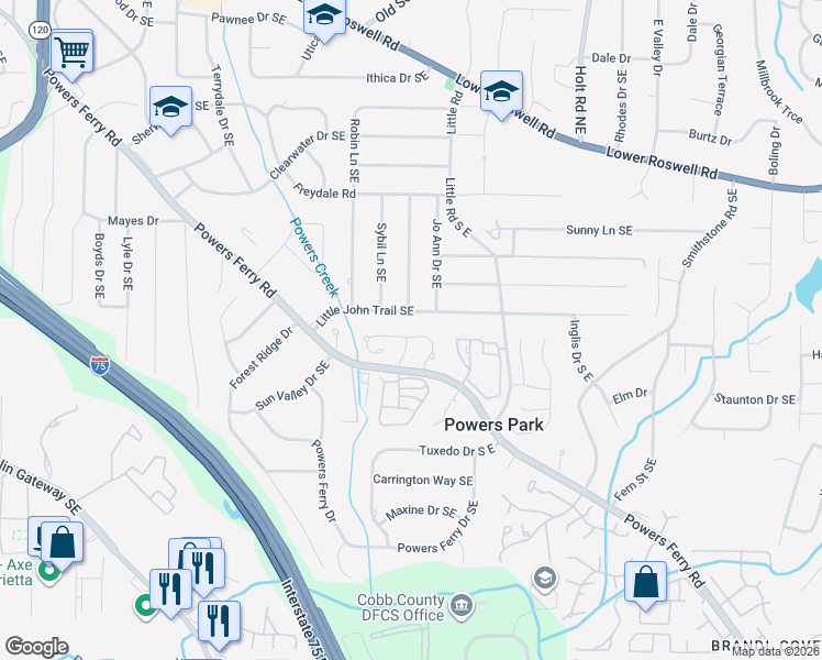 map of restaurants, bars, coffee shops, grocery stores, and more near 2350 Little John Trail Southeast in Marietta