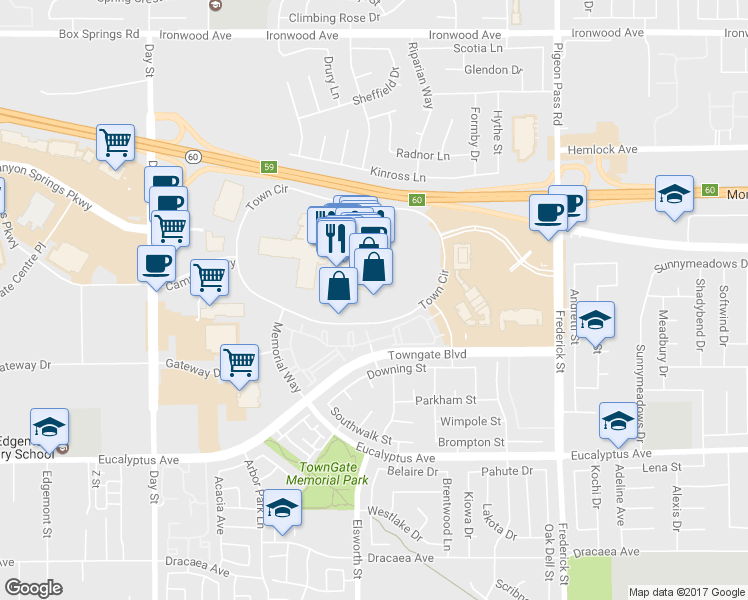 map of restaurants, bars, coffee shops, grocery stores, and more near 22550 Towngate Cir in Moreno Valley
