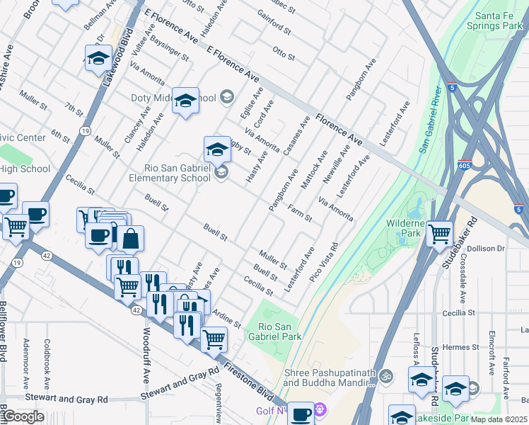 map of restaurants, bars, coffee shops, grocery stores, and more near 10519 Pangborn Avenue in Downey