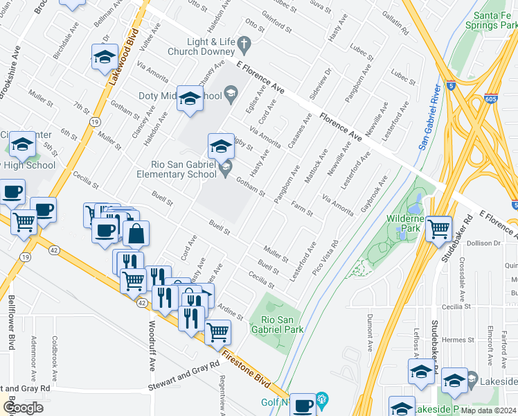 map of restaurants, bars, coffee shops, grocery stores, and more near 10524 Casanes Avenue in Downey