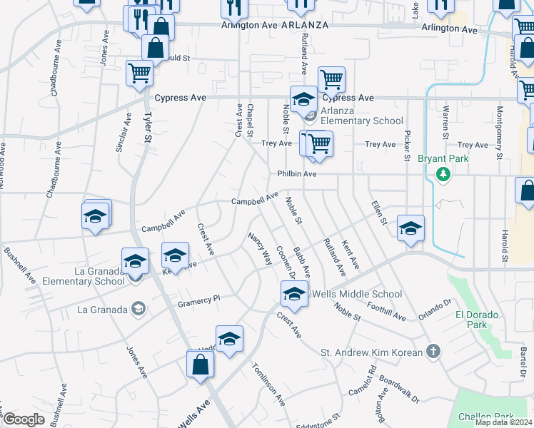 map of restaurants, bars, coffee shops, grocery stores, and more near 5527 Coonen Drive in Riverside
