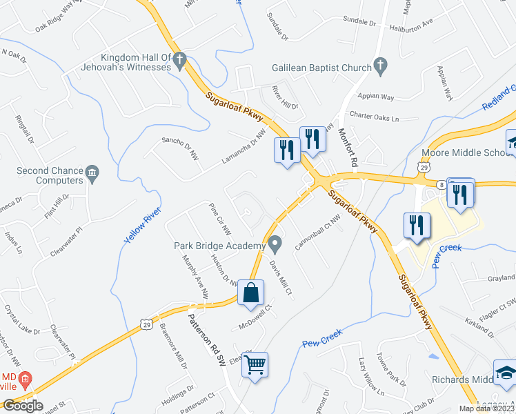 map of restaurants, bars, coffee shops, grocery stores, and more near 4240 Annlette Drive Northwest in Lawrenceville