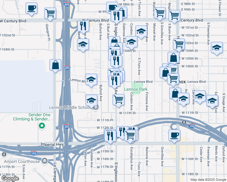 map of restaurants, bars, coffee shops, grocery stores, and more near 10903 South Inglewood Avenue in Inglewood