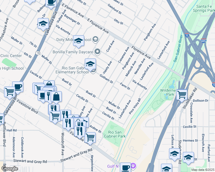 map of restaurants, bars, coffee shops, grocery stores, and more near 10524 Casanes Avenue in Downey