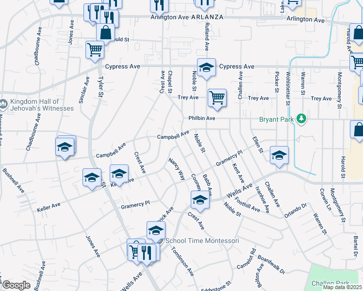 map of restaurants, bars, coffee shops, grocery stores, and more near 5527 Coonen Drive in Riverside