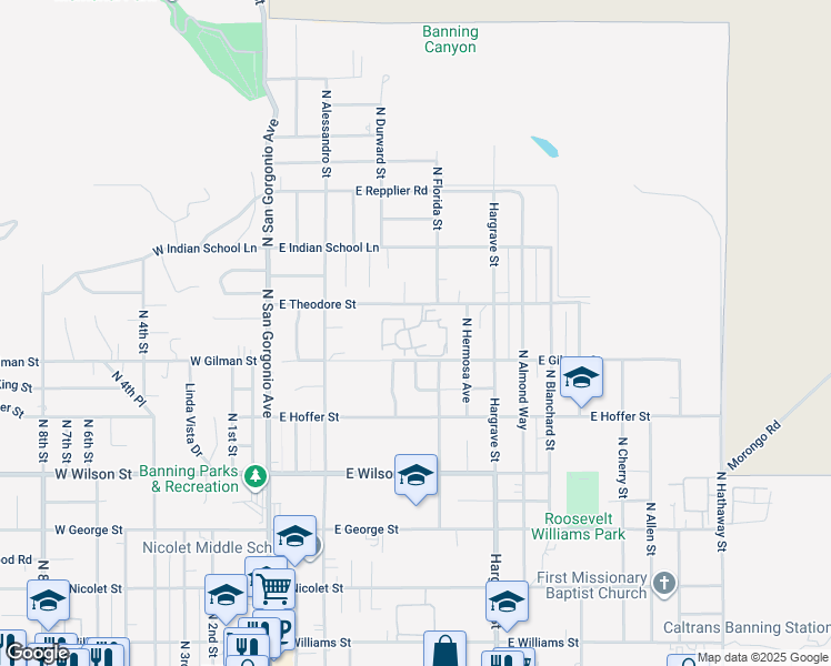 map of restaurants, bars, coffee shops, grocery stores, and more near 1359 Vista Serena Avenue in Banning