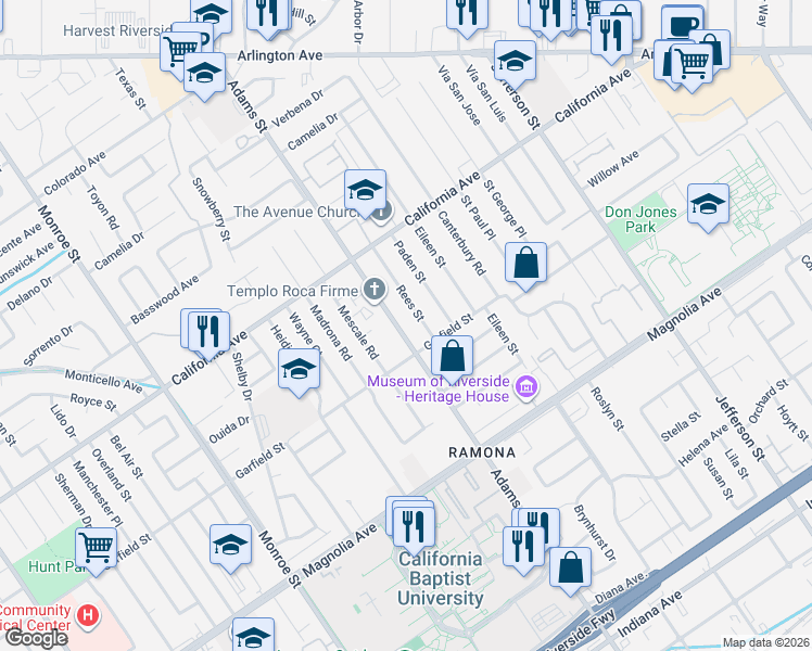 map of restaurants, bars, coffee shops, grocery stores, and more near 4079 Adams Street in Riverside