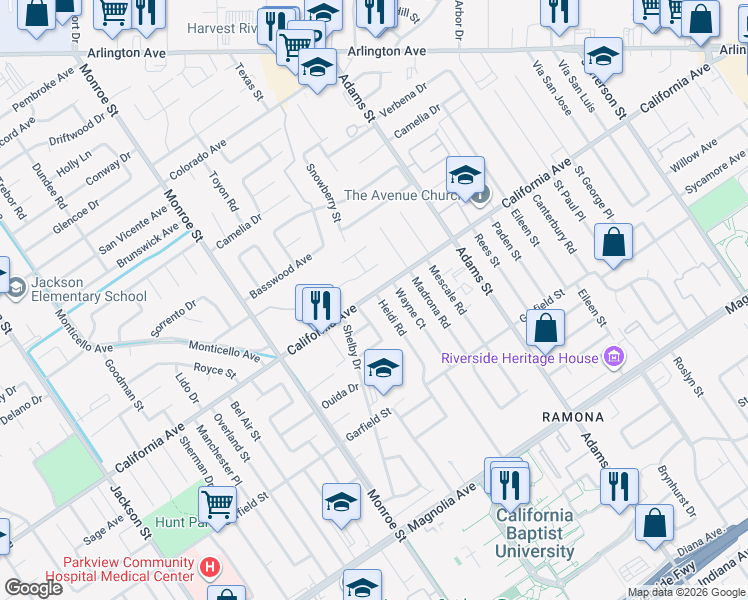map of restaurants, bars, coffee shops, grocery stores, and more near 8509 California Avenue in Riverside