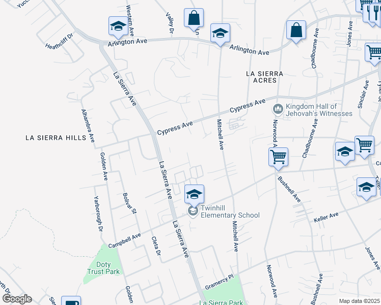 map of restaurants, bars, coffee shops, grocery stores, and more near 5821 Tahoma Place in Riverside