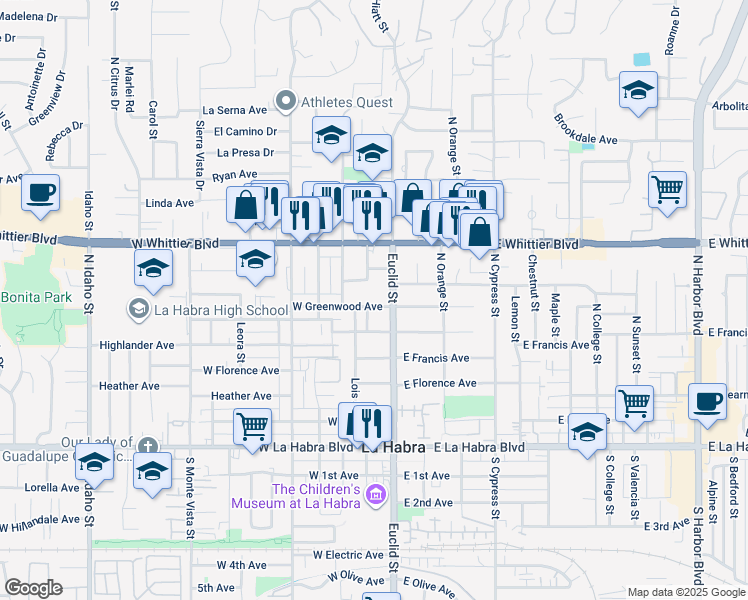 map of restaurants, bars, coffee shops, grocery stores, and more near 631 North Euclid Street in La Habra