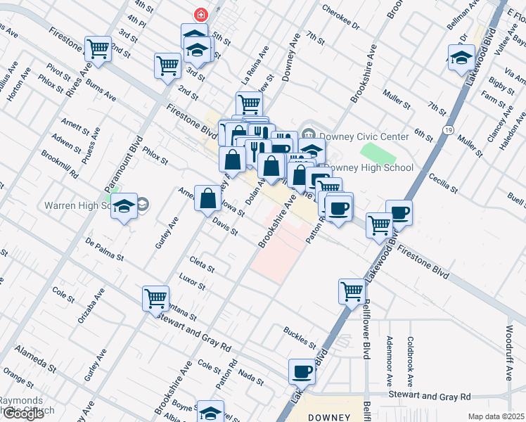 map of restaurants, bars, coffee shops, grocery stores, and more near 11445 Dolan Avenue in Downey