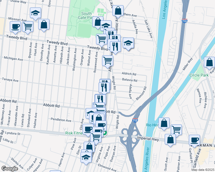 map of restaurants, bars, coffee shops, grocery stores, and more near 10306 Atlantic Avenue in South Gate