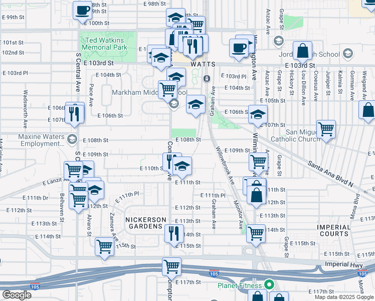 map of restaurants, bars, coffee shops, grocery stores, and more near 1628 East 108th Street in Los Angeles