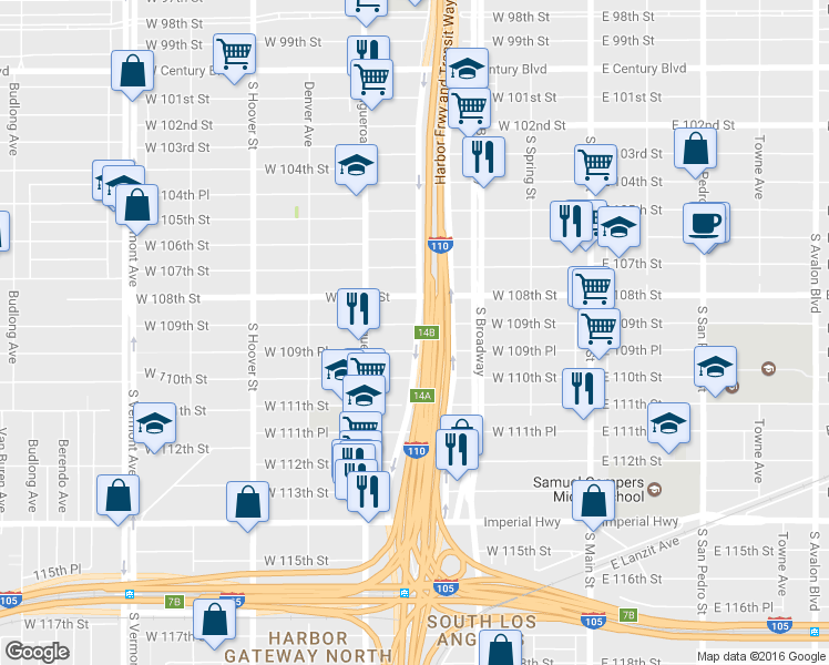 map of restaurants, bars, coffee shops, grocery stores, and more near 413 West 109th Street in Los Angeles