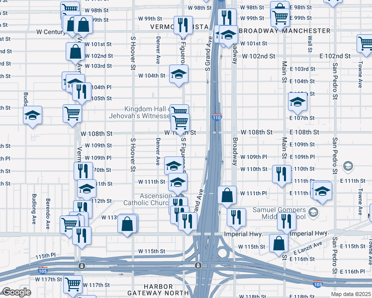 map of restaurants, bars, coffee shops, grocery stores, and more near 10822 South Figueroa Street in Los Angeles