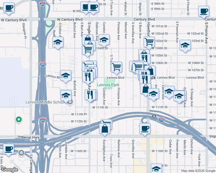 map of restaurants, bars, coffee shops, grocery stores, and more near 10828 Condon Avenue in Lennox