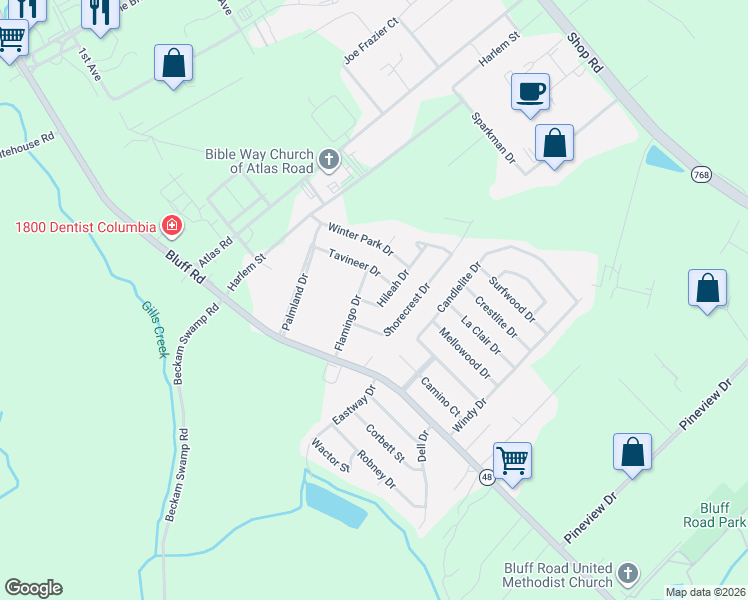 map of restaurants, bars, coffee shops, grocery stores, and more near 4116 Tavineer Drive in Columbia