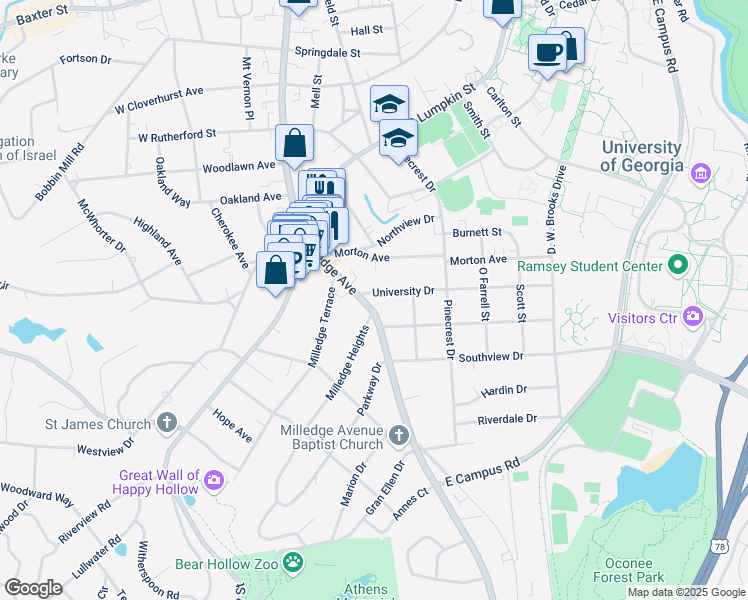 map of restaurants, bars, coffee shops, grocery stores, and more near 141 University Drive in Athens