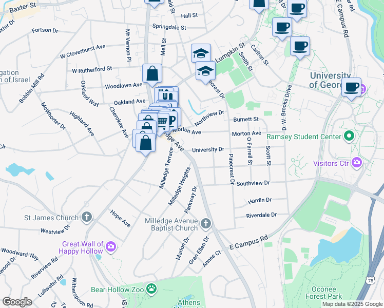 map of restaurants, bars, coffee shops, grocery stores, and more near 141 University Drive in Athens