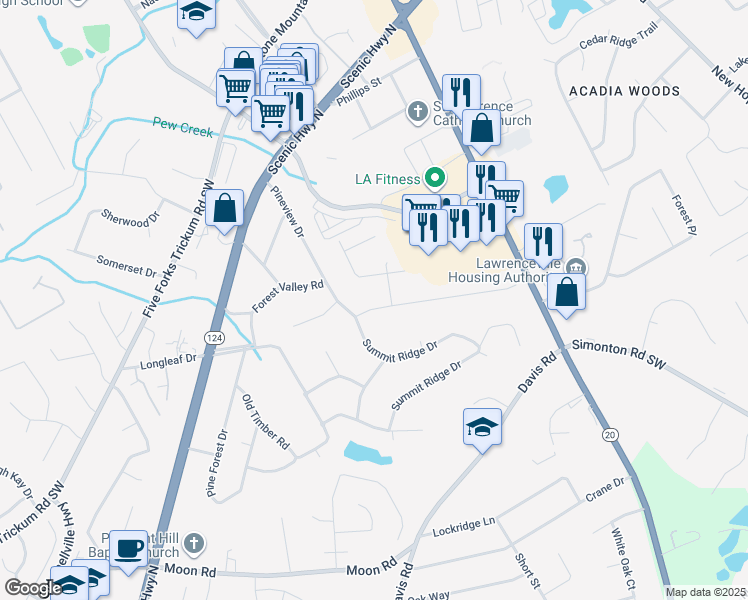 map of restaurants, bars, coffee shops, grocery stores, and more near 447 Stokesay Drive in Lawrenceville