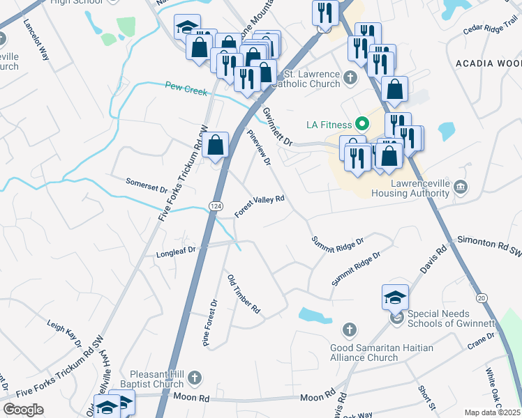 map of restaurants, bars, coffee shops, grocery stores, and more near 211 Forest Valley Road in Lawrenceville