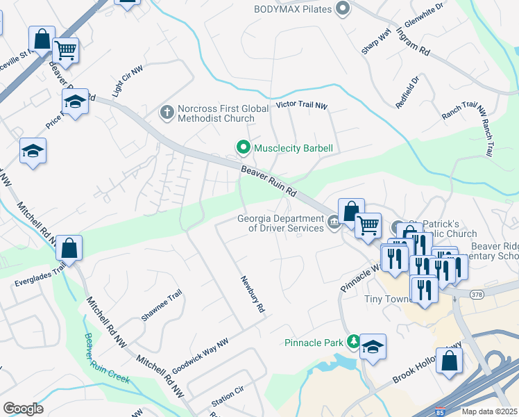 map of restaurants, bars, coffee shops, grocery stores, and more near 5299 Weyden Court in Norcross