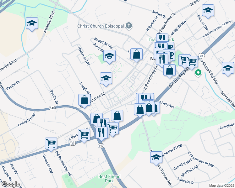 map of restaurants, bars, coffee shops, grocery stores, and more near 2705 Queenstown Street in Norcross