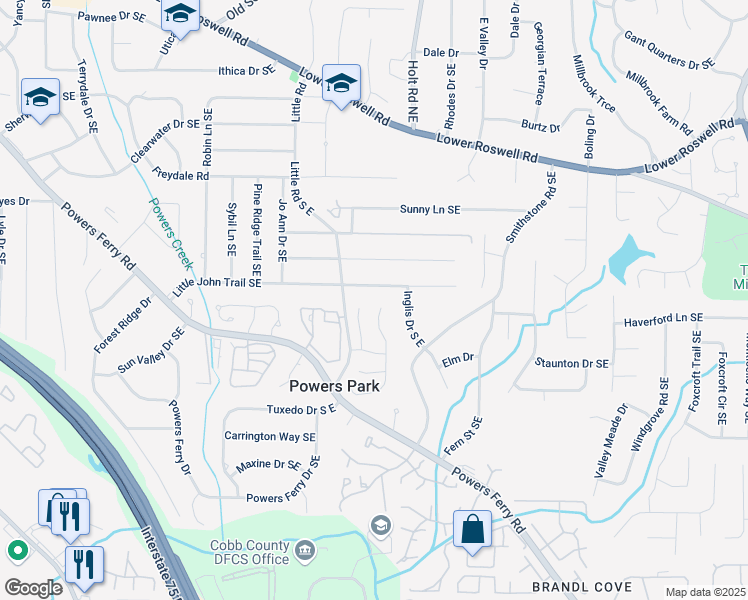 map of restaurants, bars, coffee shops, grocery stores, and more near 2502 Little John Trail Southeast in Marietta