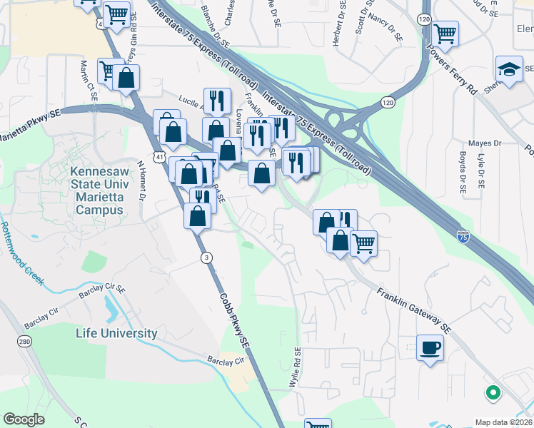 map of restaurants, bars, coffee shops, grocery stores, and more near 111-2109 Augusta Drive Southeast in Marietta