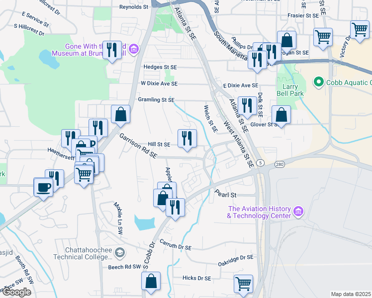 map of restaurants, bars, coffee shops, grocery stores, and more near 183 Hill Street Southeast in Marietta