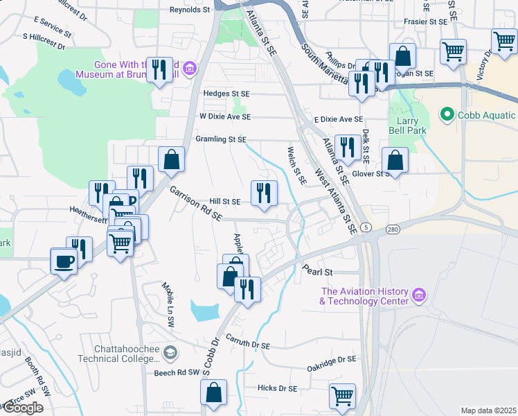 map of restaurants, bars, coffee shops, grocery stores, and more near 183 Hill Street Southeast in Marietta