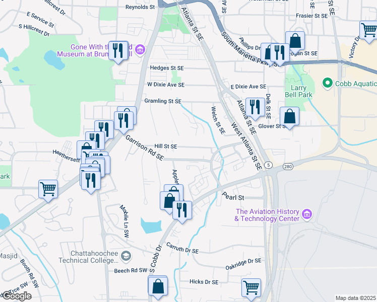 map of restaurants, bars, coffee shops, grocery stores, and more near 166 Hill Street Southeast in Marietta