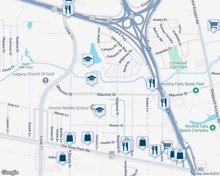 map of restaurants, bars, coffee shops, grocery stores, and more near 1208 Ridgeway Drive in Wichita Falls