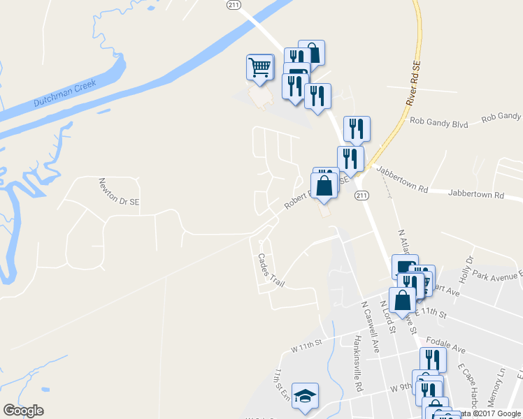 map of restaurants, bars, coffee shops, grocery stores, and more near 293 Bonnet Way Southeast in Southport