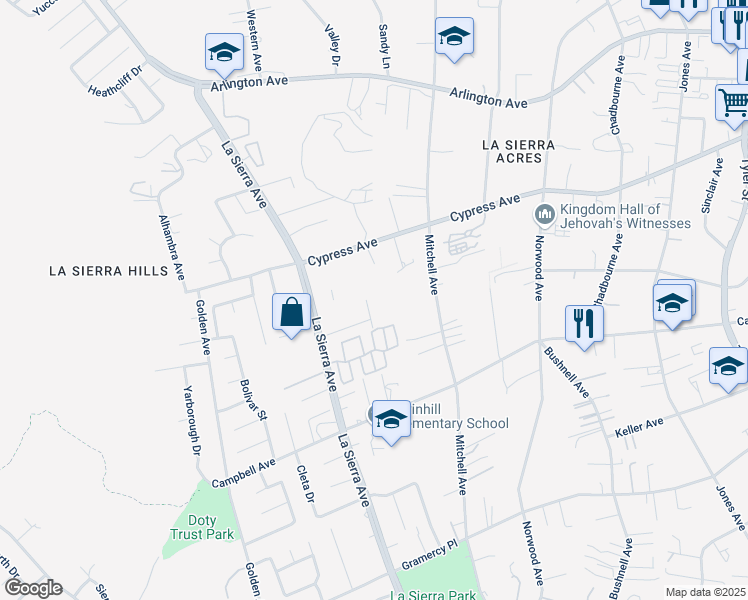 map of restaurants, bars, coffee shops, grocery stores, and more near 5821 Tahoma Place in Riverside