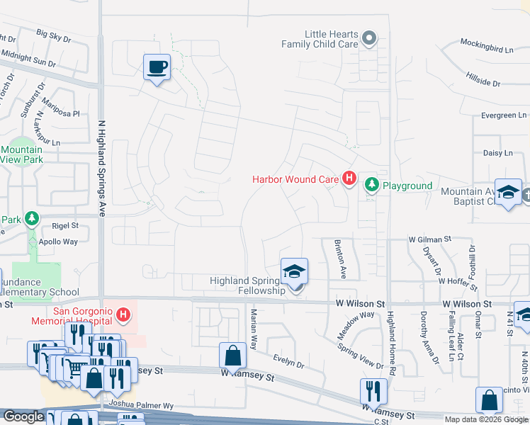 map of restaurants, bars, coffee shops, grocery stores, and more near in Banning