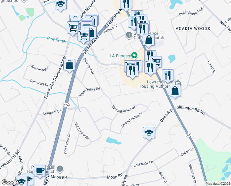 map of restaurants, bars, coffee shops, grocery stores, and more near 447 Stokesay Drive in Lawrenceville