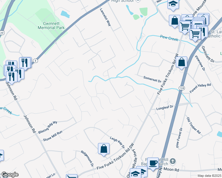 map of restaurants, bars, coffee shops, grocery stores, and more near 800 Bolling Cove Southwest in Lawrenceville