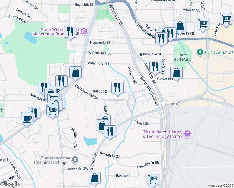 map of restaurants, bars, coffee shops, grocery stores, and more near 183 Hill Street Southeast in Marietta