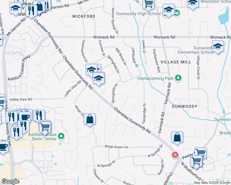 map of restaurants, bars, coffee shops, grocery stores, and more near 4771 Springfield Drive in Dunwoody